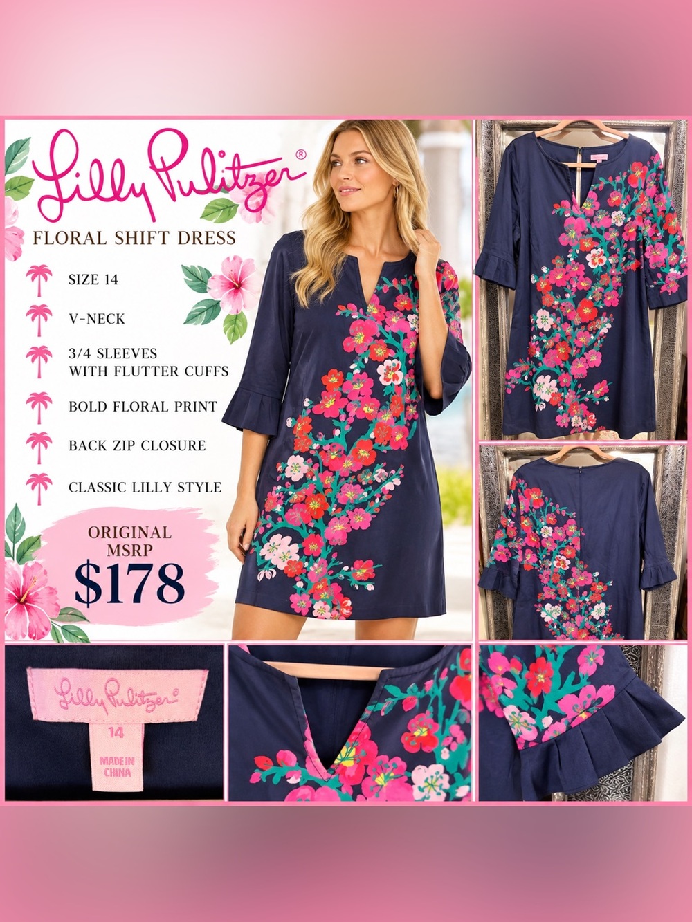Lilly Pulitzer Navy Floral Tunic Dress with Pink & Green Blooms